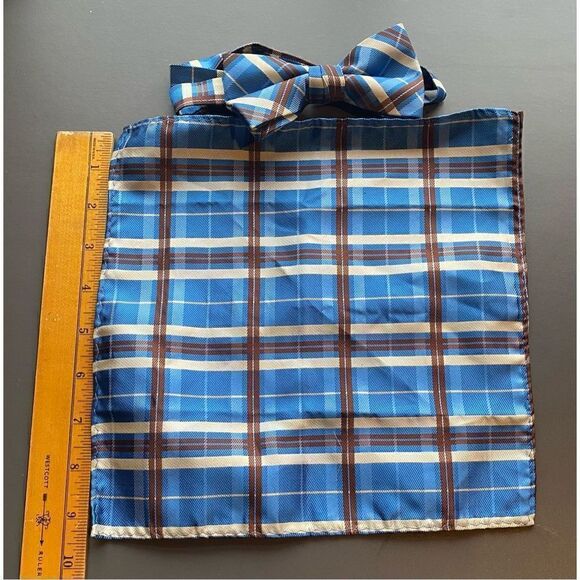 Plaid pocket square adjustable bow tie blue white plaid polyester - Picture 3 of 8
